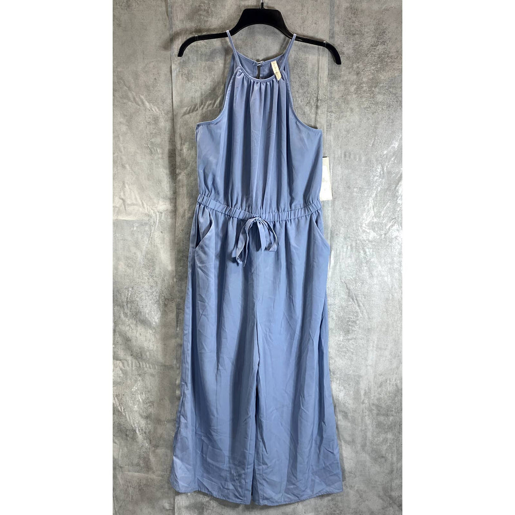 KINGSTON GREY Juniors' Chambray Sleeveless Pocketed Halter Cropped Jumpsuit SZ L