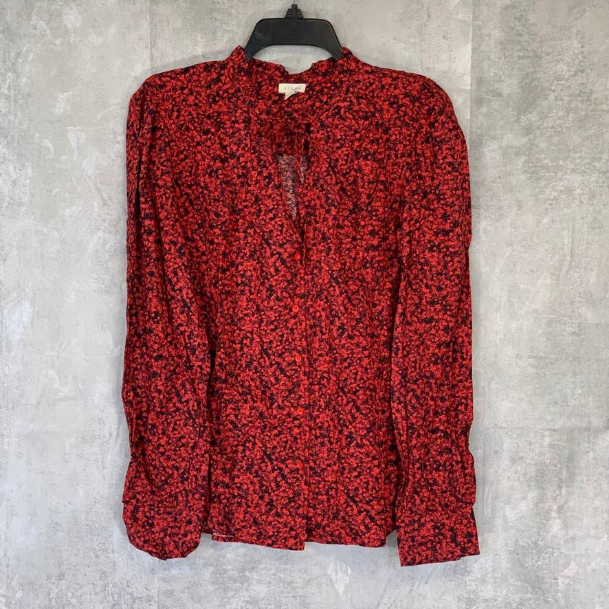 HINGE Red Printed Tie-Neck Long Sleeve Button Front Top SZ M