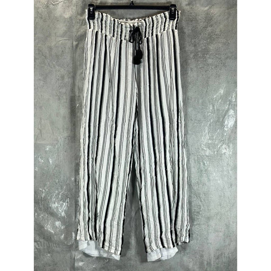 INC Women's Black/White Striped Crinkle Wide-Leg Drawstring Pants SZ M