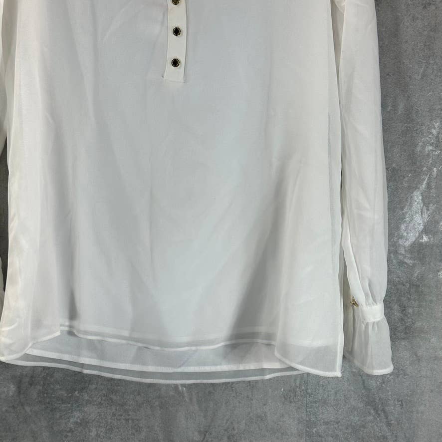 CALVIN KLEIN Women's Soft White V-Neck Smocked-Shoulder Popover Blouse SZ XS