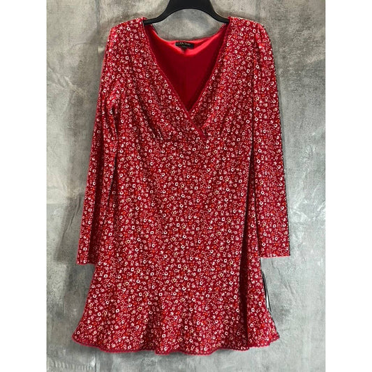 CITY STUDIO Red Floral V-Neck Lace-Trim Ruffle Long-Sleeve Fit & Flare Mini
