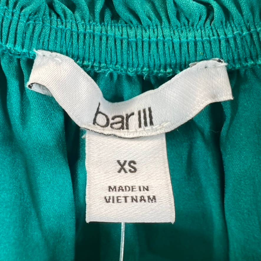 BAR III Women's Mid Green Satin Square-Neck Smocked Puff-Sleeve Top SZ XS