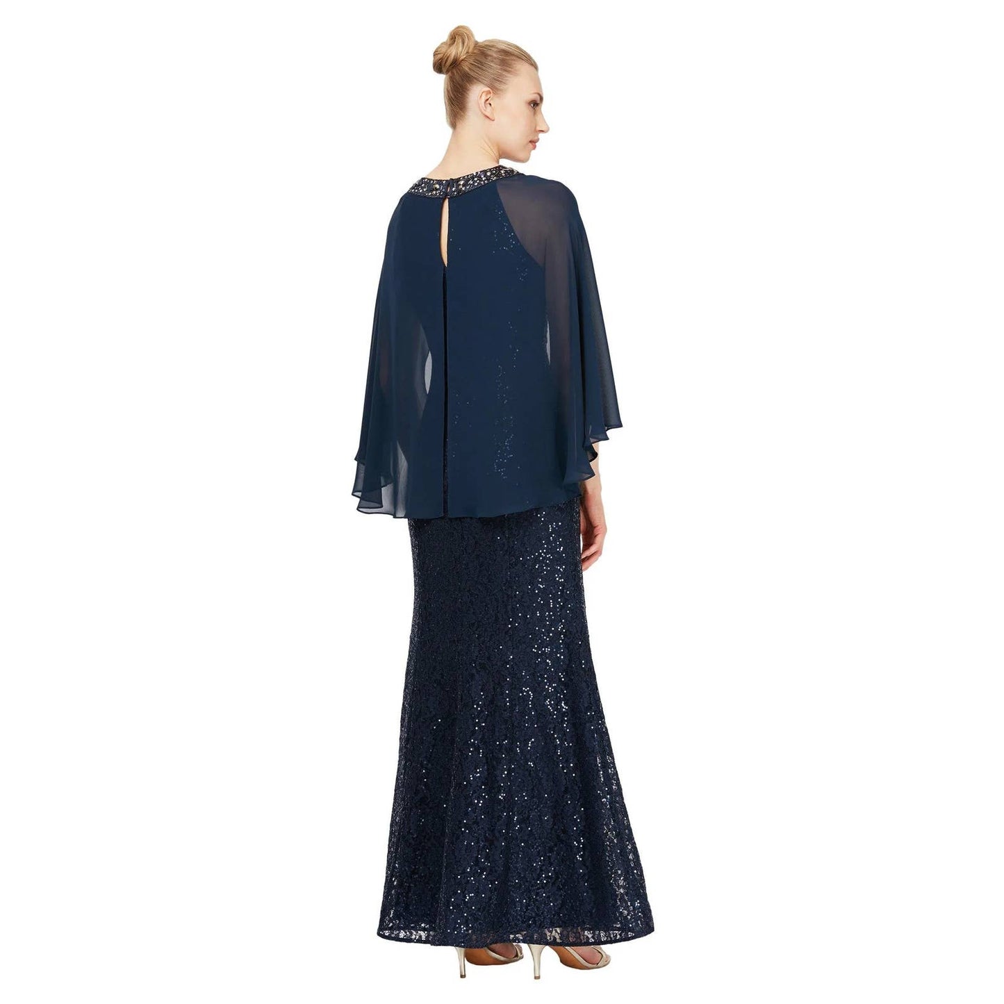 SLNY Women's Navy All-Over Lace Sequin Embellished Cape Maxi Gown SZ 4