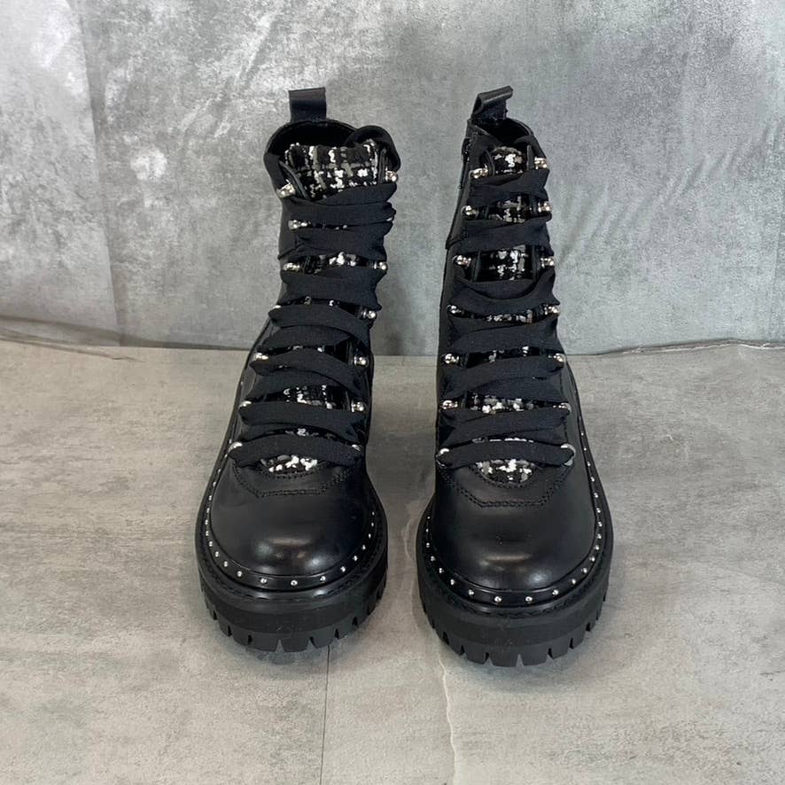 STEVE MADDEN Women's Black Leather Rainier Lace-Up Woven Lug-Sole Boots SZ 6.5