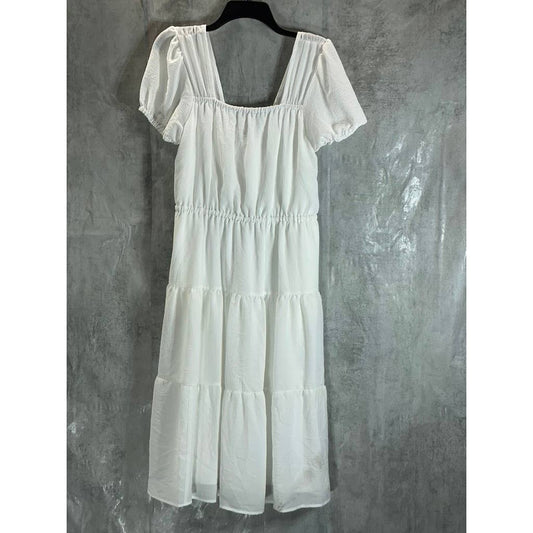 BLACK TAPE Women's White Puff-Sleeve Square Neck Tiered Midi Dress SZ S