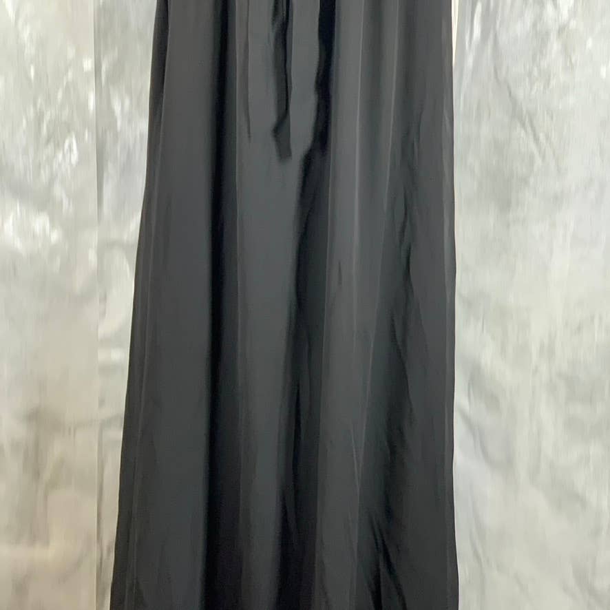 NY COLLECTION Women's Black V-Neck Button 3/4 Sleeve Tie-Belt Flounce Midi Dress