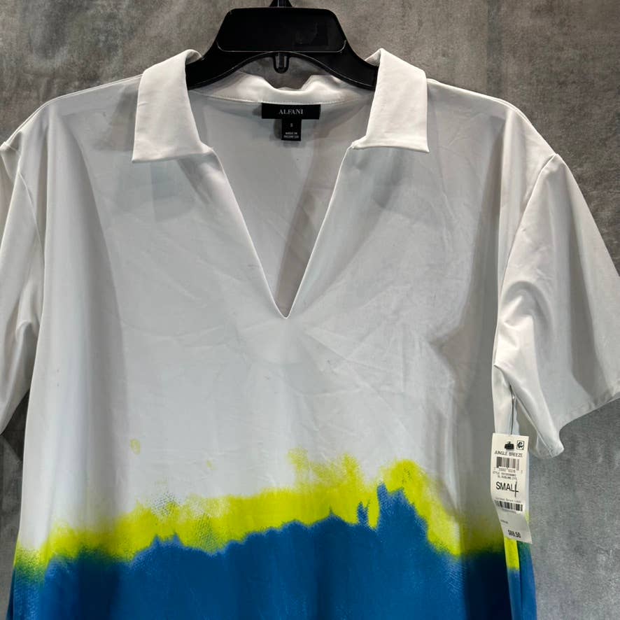 ALFANI Women's Blue Sublime Dye V-Neck Collared Short-Sleeve Tie-Waist Top SZ S