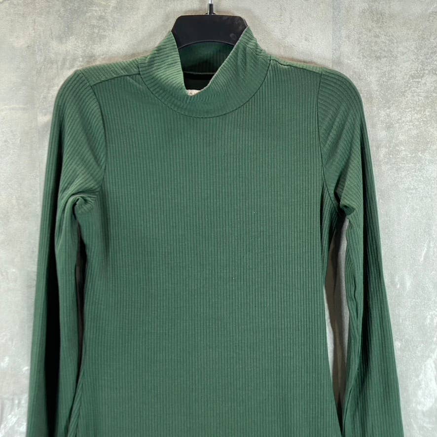 AND NOW THIS Women's Dark Green Ribbed High-Neck Midi Side-Slit Long-Sleeve Dress SZ S