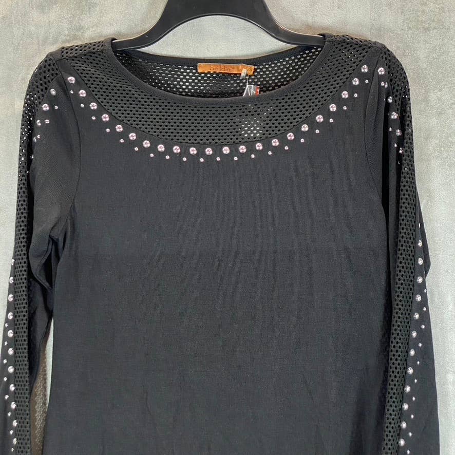 BELLDINI Women's Black Studded Boatneck Mesh-Inset Long-Sleeve Tunic Top SZ S