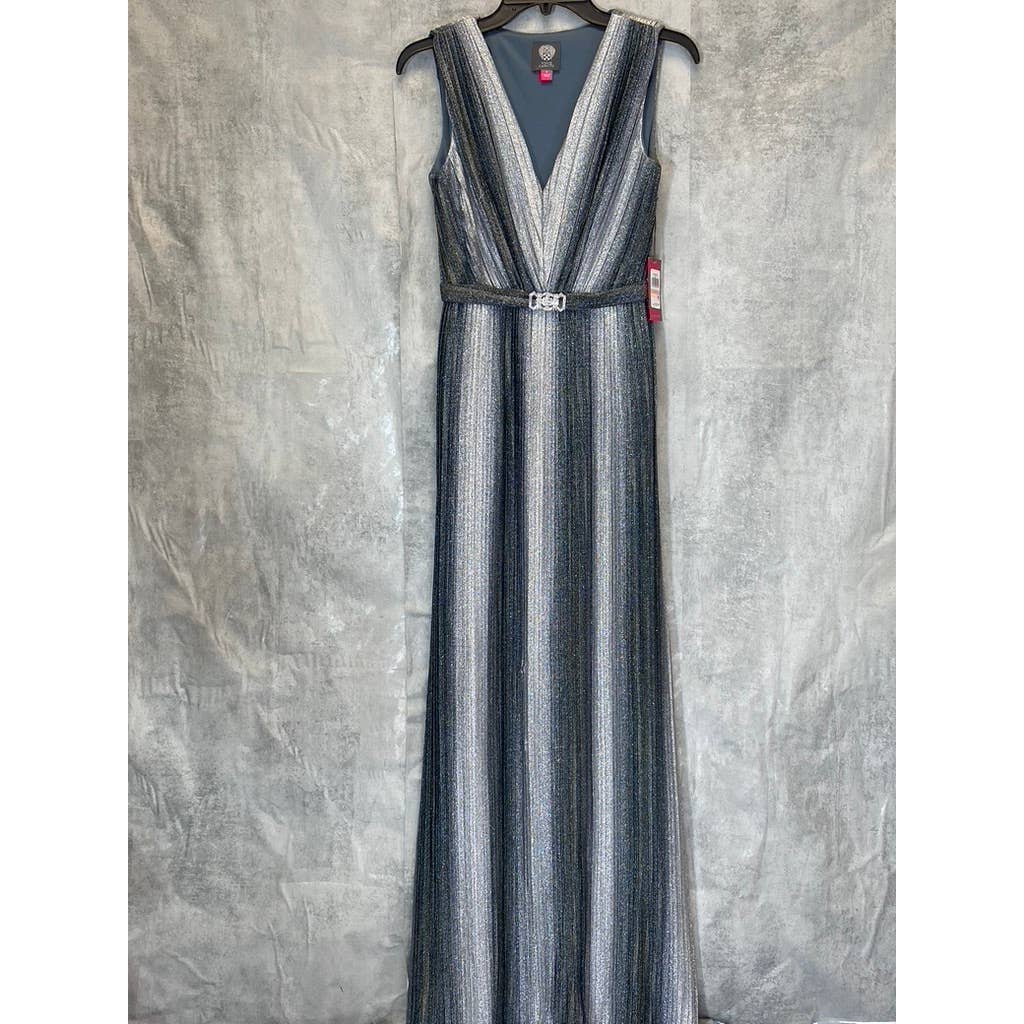 VINCE CAMUTO Women's Gunmetal Metallic Stripe Deep V-Neck Sleeveless Gown SZ 2