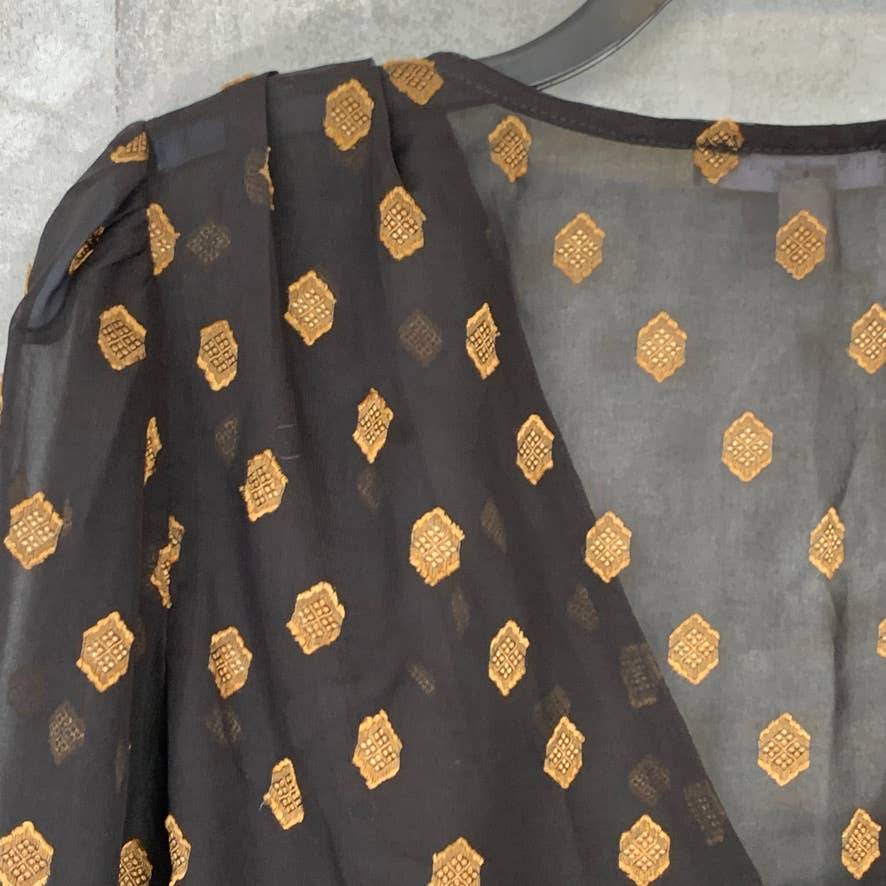 CHELSEA28 Black Gold Geo Dot Sheer Long Sleeve Wrap Top SZ S
