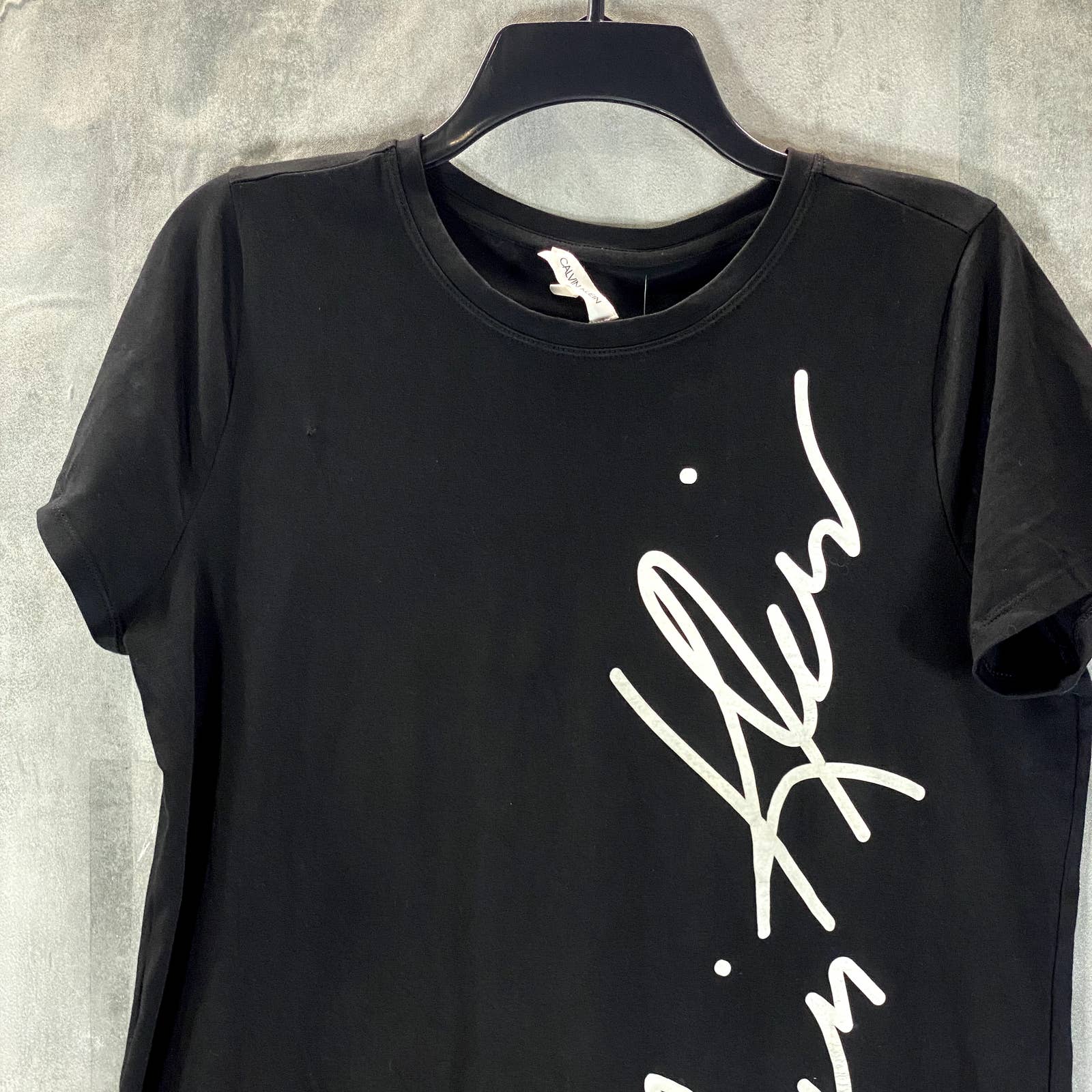 CALVIN KLEIN Women's Black Signature Logo Crewneck Short-Sleeve Tee SZ M