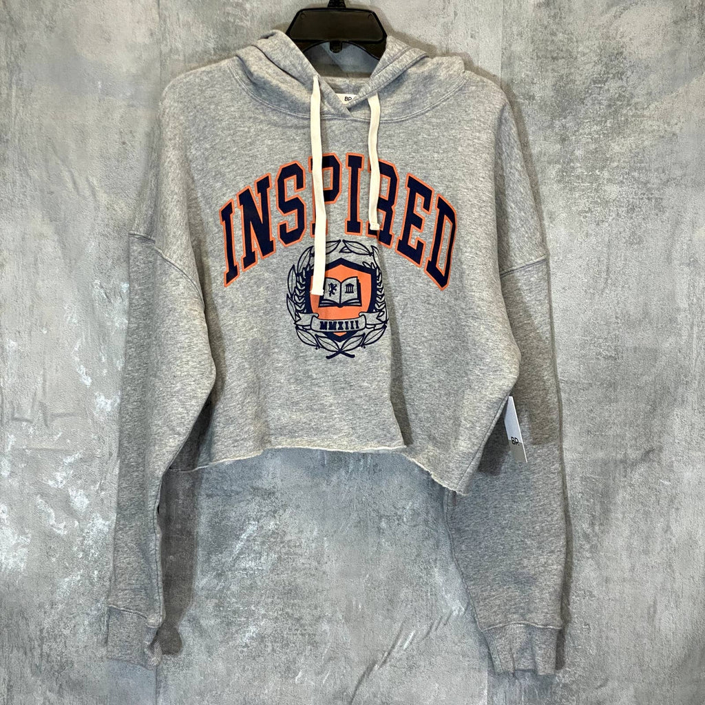 BP. Women's Grey Heather Inspired Cutoff Graphic Pullover Hoodie SZ L