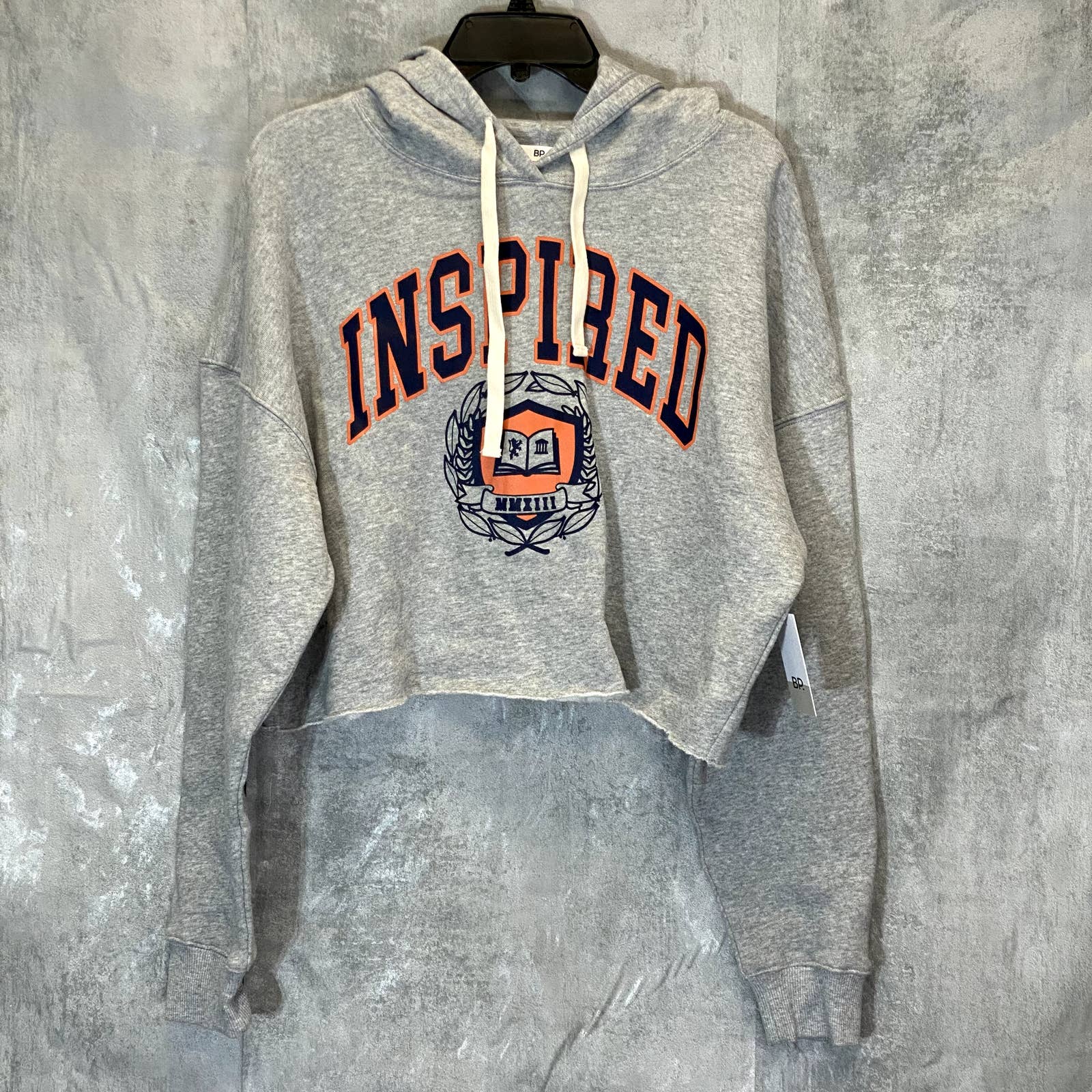 BP. Women's Grey Heather Inspired Cutoff Graphic Pullover Hoodie SZ L