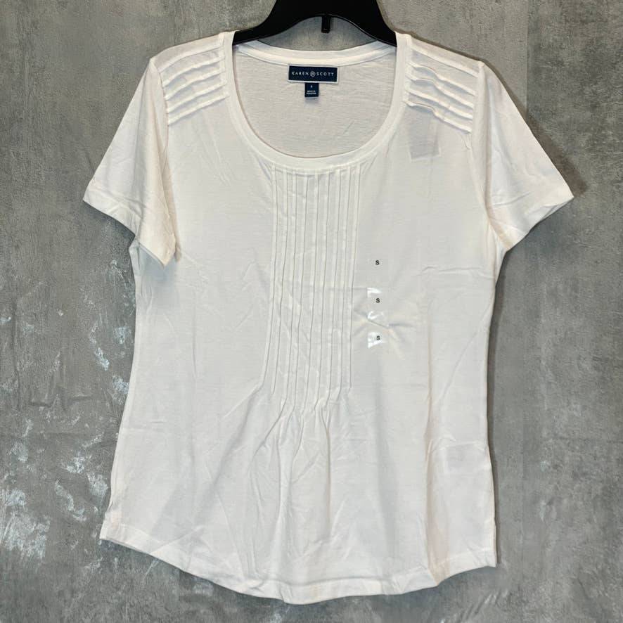 KAREN SCOTT Women's Bright White Pin-Tucked Scoopneck Short Sleeve Top SZ S