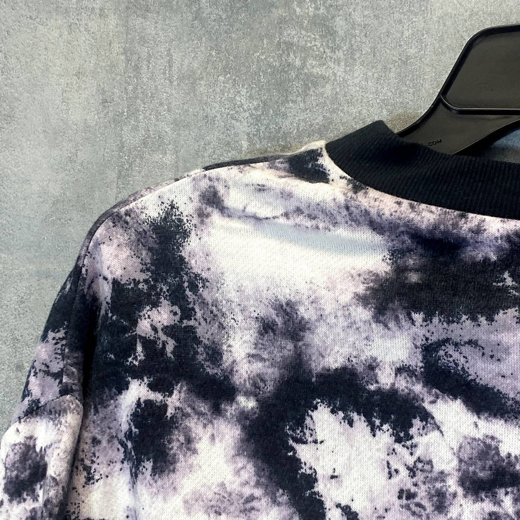 SOCIALITE Women's Black-White Tie-Dye Raw Hem Crewneck Crop Sweater SZ S