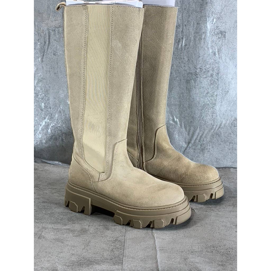 STEVE MADDEN Women's Sand Suede Esma Tall Lug Sole Block Heel Boots SZ 6.5