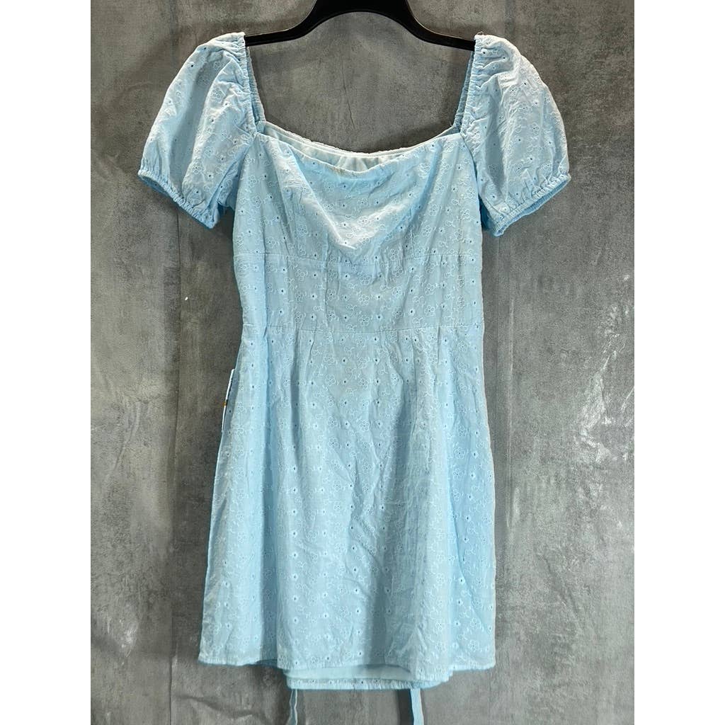 B. DARLIN Juniors' Light Blue Floral Embroidered Puff-Sleeve Mini Dress SZ 3/4