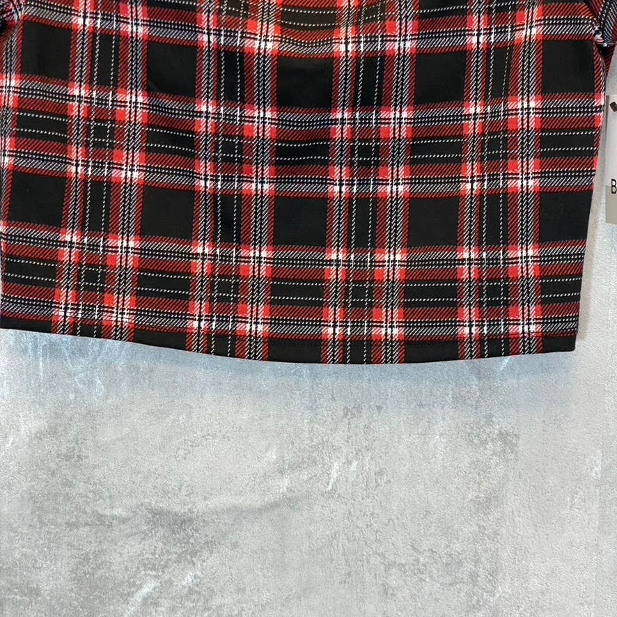 BP. Women's Black-Red Aurora Plaid Crewneck Cutout Short Sleeve Top SZ M