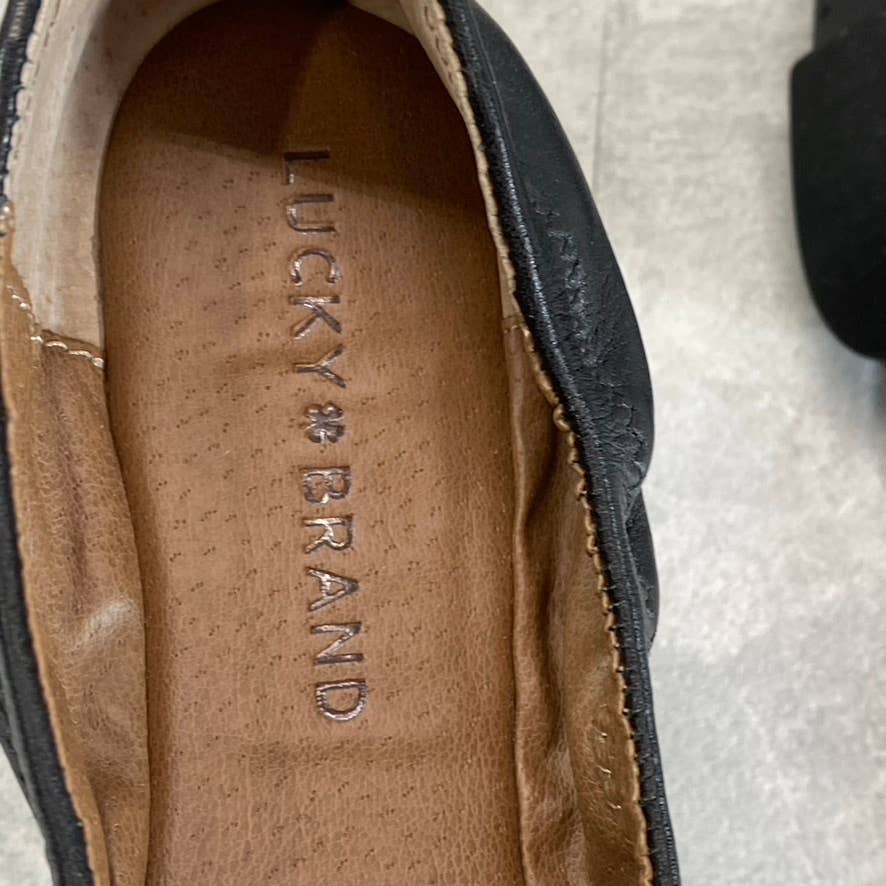 LUCKY BRAND Women's Black Leather Emmie Round-Toe Slip-On Ballet Flats SZ 6.5