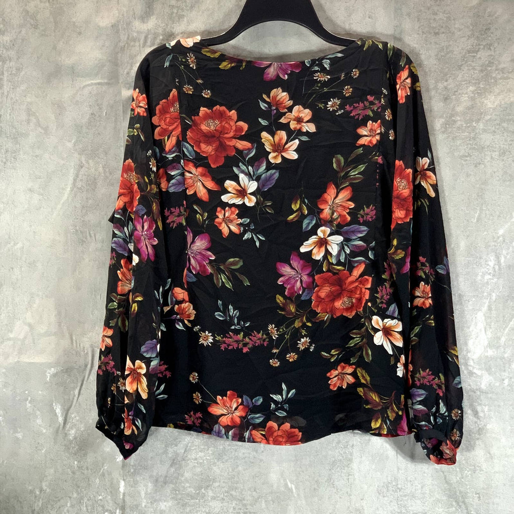 VINC CAMUTO Women's Rich Black Floral-Print Scoop-Neck Long-Sleeve Top SZ XS