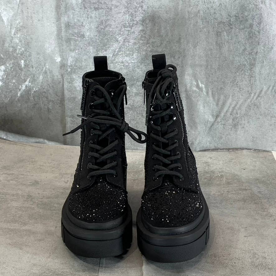 GUESS Women's Black Rhinestone Embellished Ferine Combat Lace-Up Boots SZ 5.5