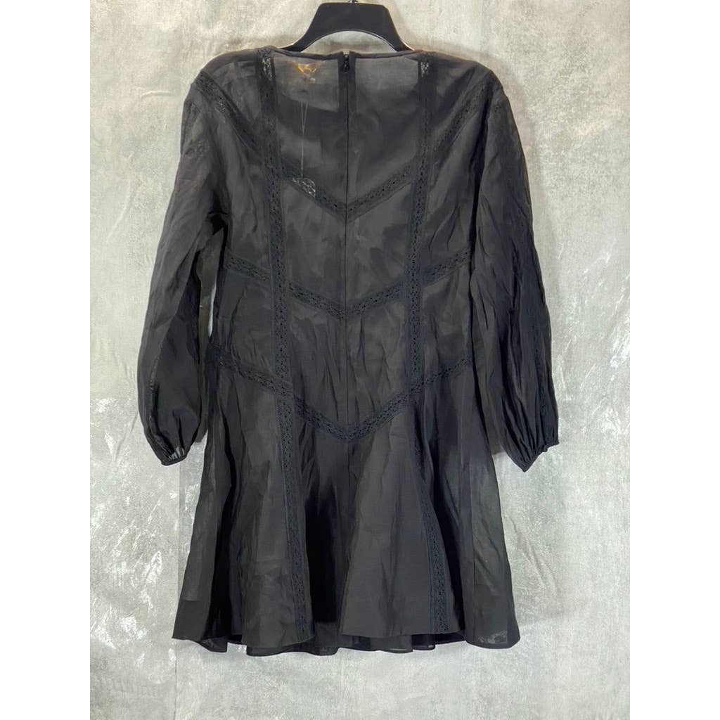 REBECCA TAYLOR Women's Black Organza Round-Neck Puff-Sleeve Mini Dress SZ S