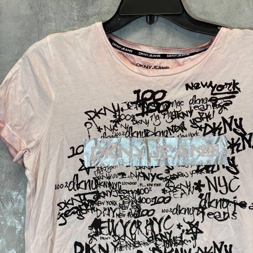 DKNY Jeans Women's Pink Graffiti-Print Metallic Logo Short Sleeve Crewneck T-Shirt SZ S