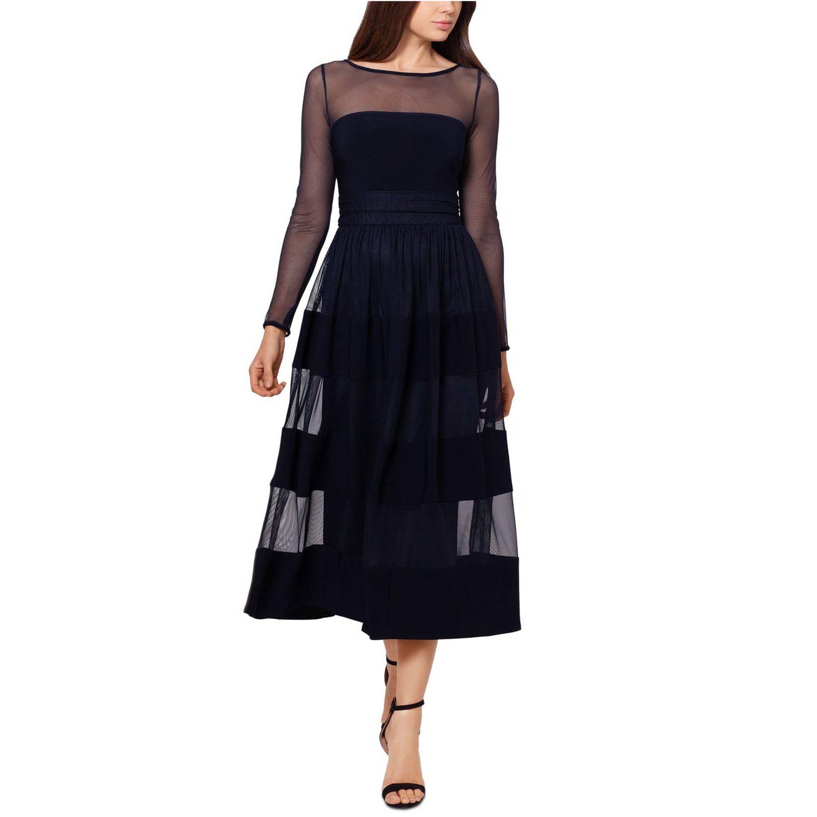 BETSY & ADAM Women's Navy Bailey Illusion Trim Long-Sleeve Fit & Flare Midi
