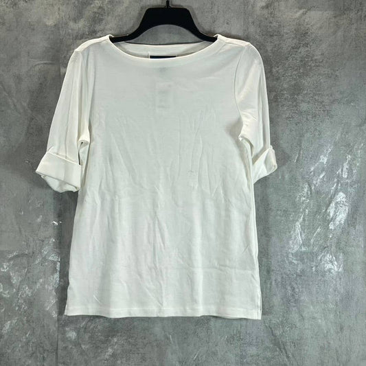 KAREN SCOTT Women's Bright White Cotton Boatneck Elbow Sleeve Top SZ S