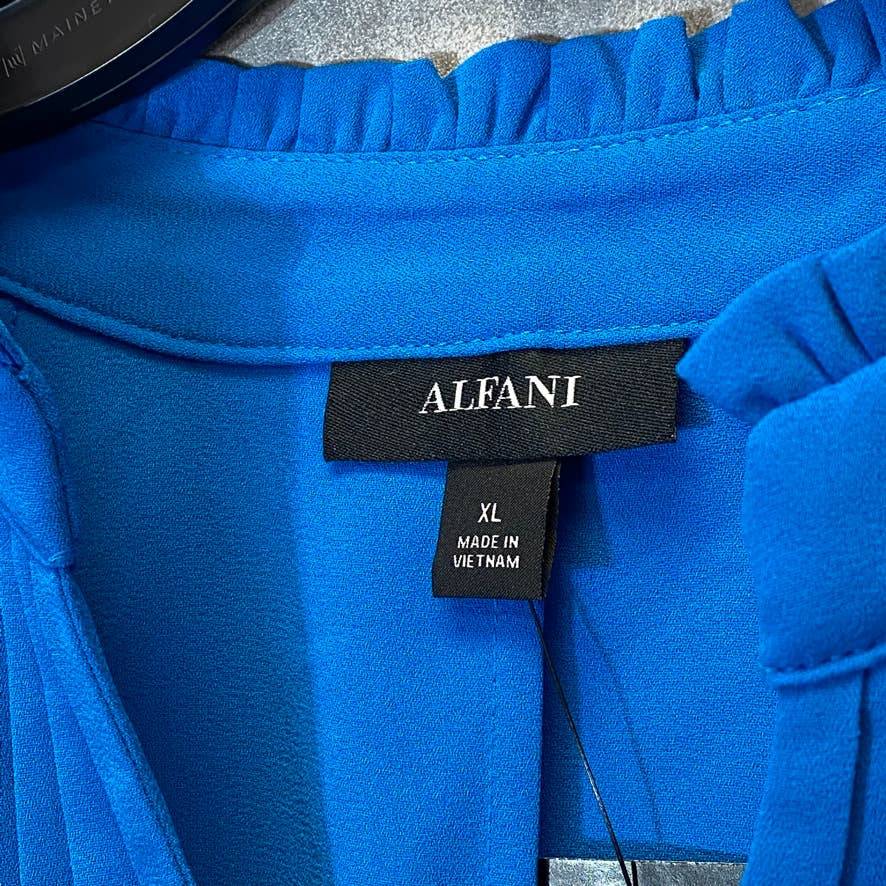 ALFANI Women's Vivid Sky Ruffled Mandarin Collar V-Neck Pleated Long Sleeve Top SZ XL