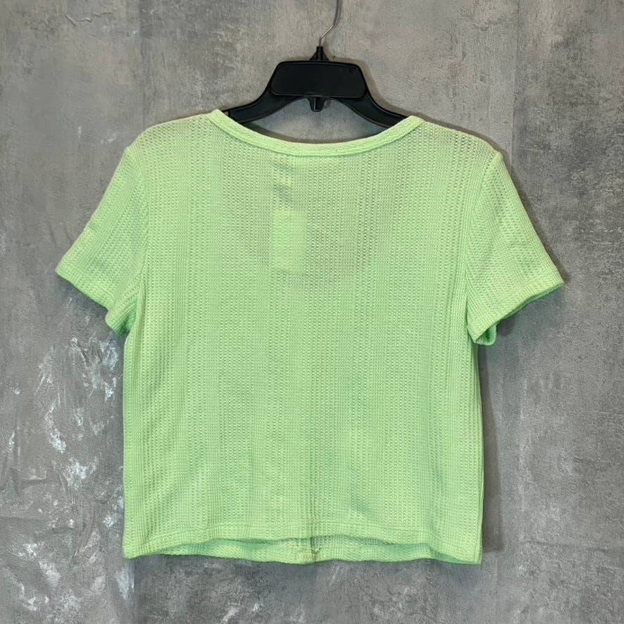 ELODIE Women's Neon Green Waffle Knit Short Sleeve Scoop Neck Button-Up Crop Top SZ XL