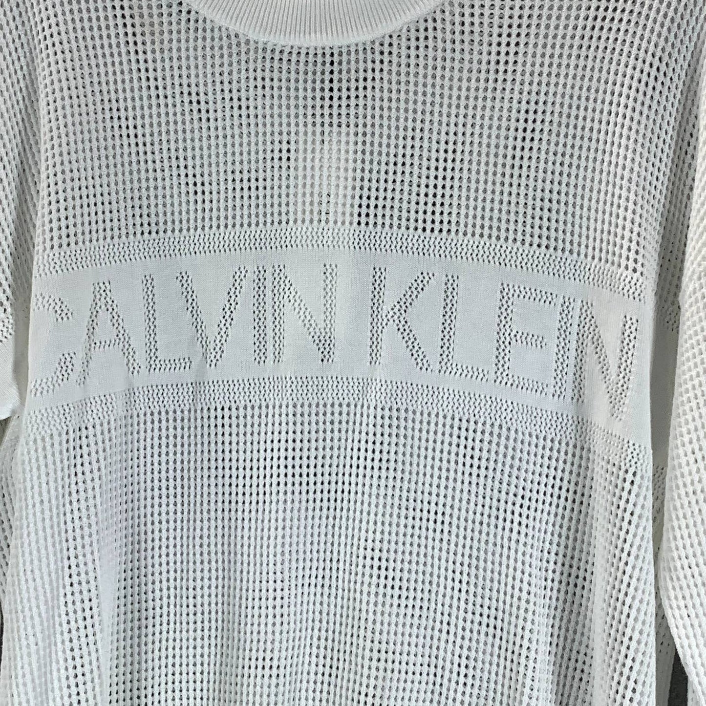 CALVIN KLEIN Women's White Mesh Logo Crewneck Long-Sleeve Pullover Sweater SZ L