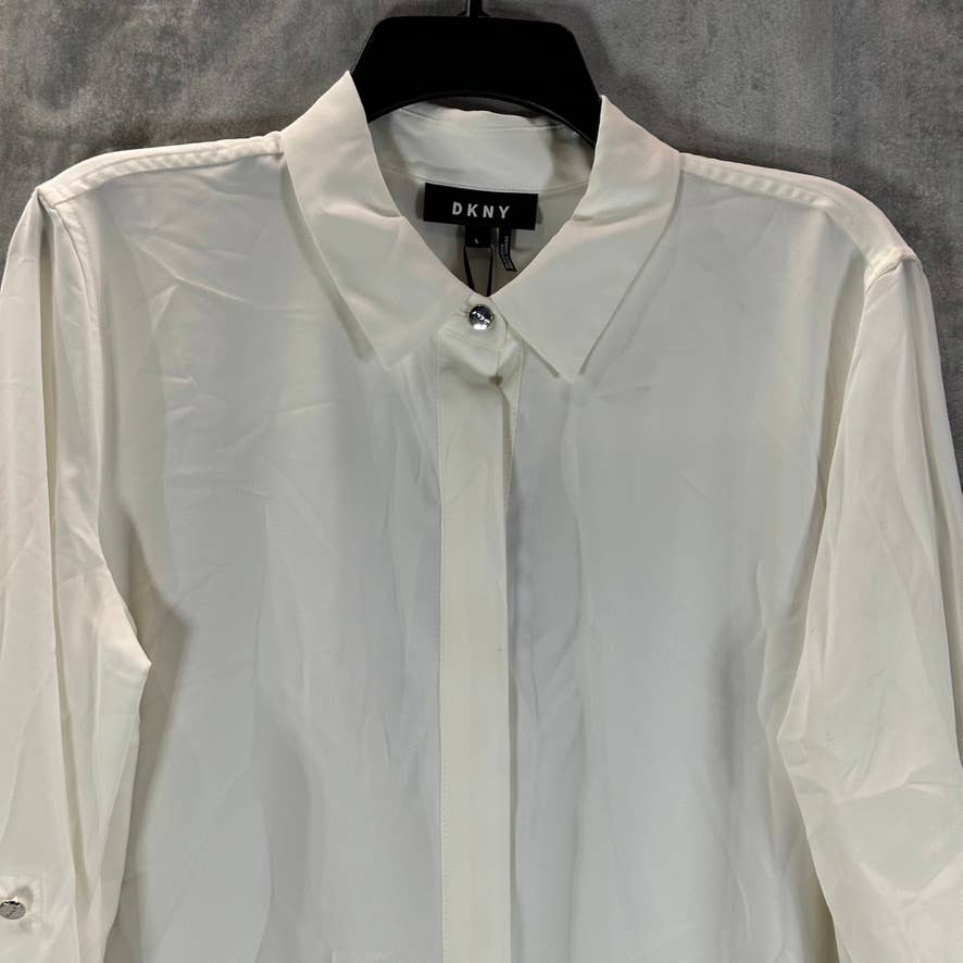 DKNY Women's Ivory Cuffed-Sleeve Hidden-Placket Top SZ L
