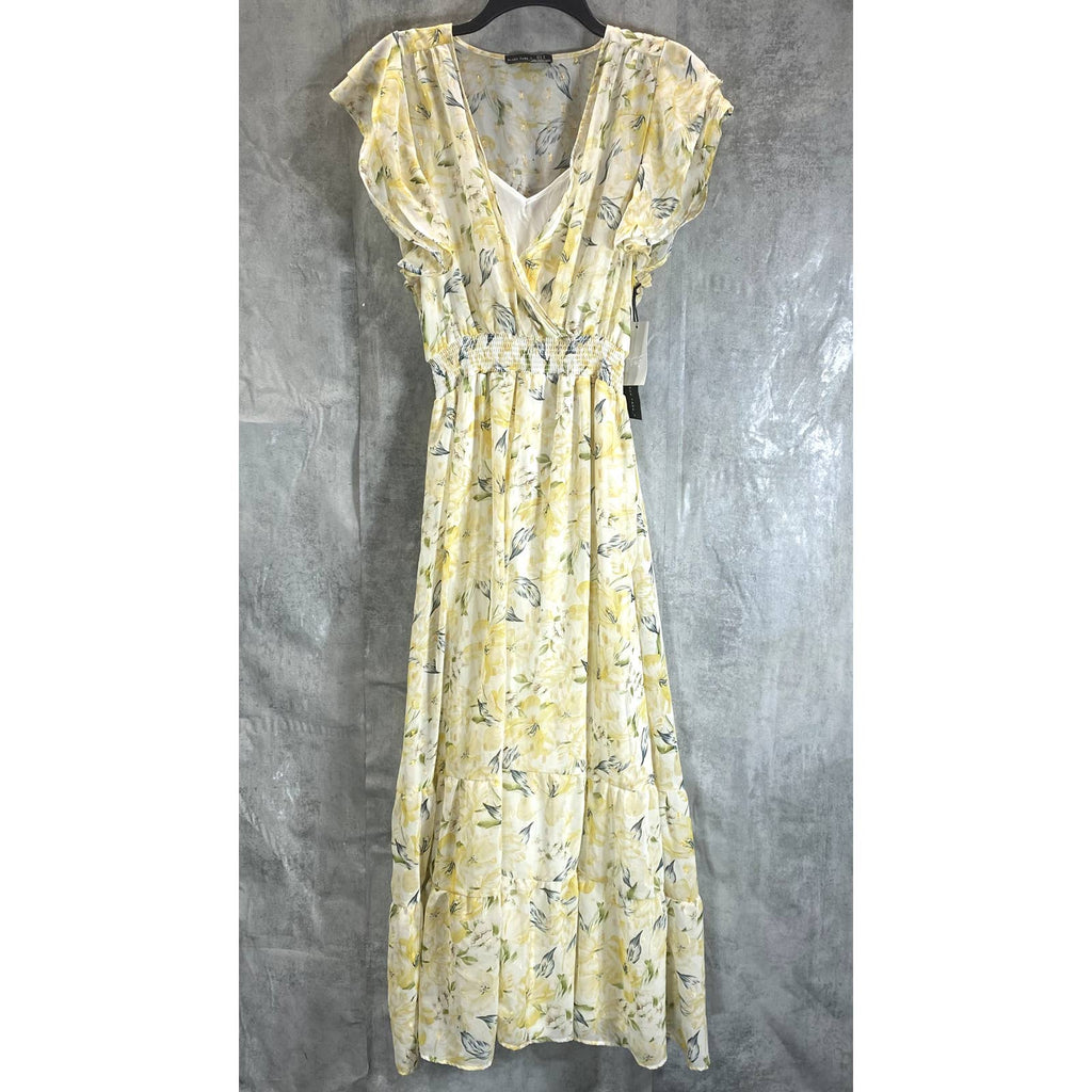 BLACK TAPE Women's Gold Lily Women's Faux-Wrap Smocked Flutter Sleeve Dress SZ M