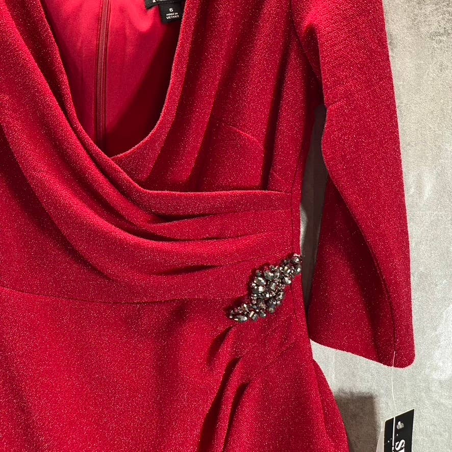 SLNY Women's Red V-Neck 3/4 Sleeve Brooch Ruching Waist Mini Dress SZ 6