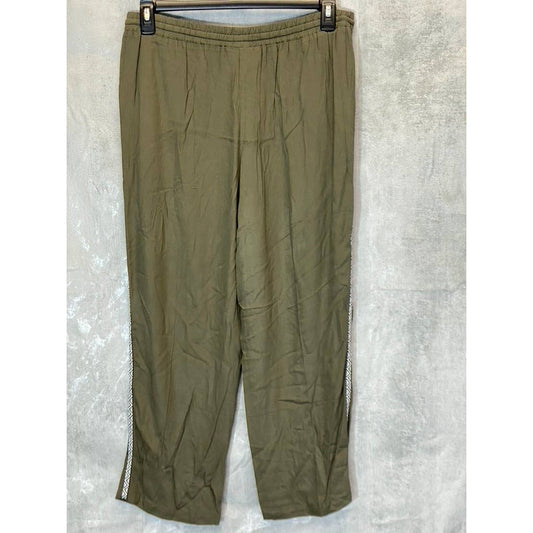 DR2 By Daniel Rainn Women's Olive Contrast Stripe Drawstring High-Rise Wide-Leg Pull-On Pants SZ L