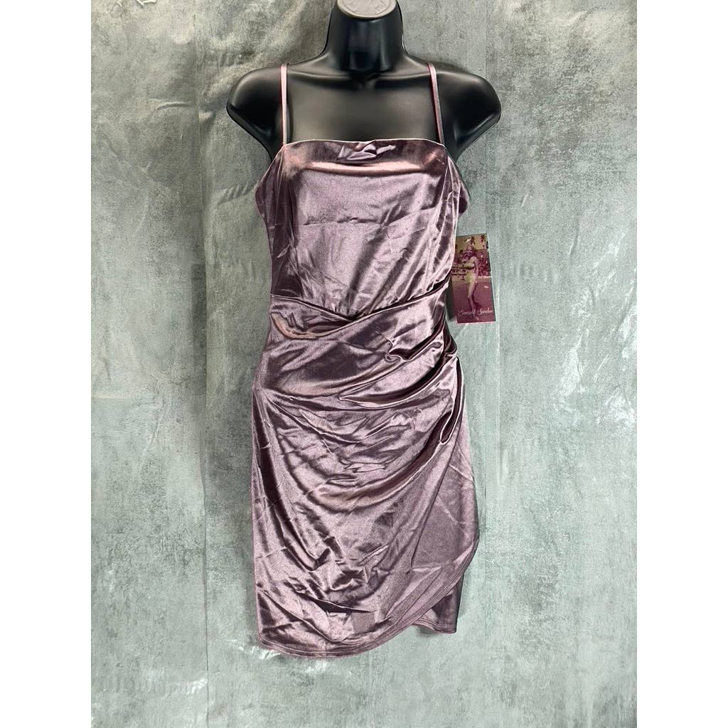 EMERALD SUNDAE Juniors' Purple Satin Ruched Asymmetrical Bodycon Mini Dress SZ L