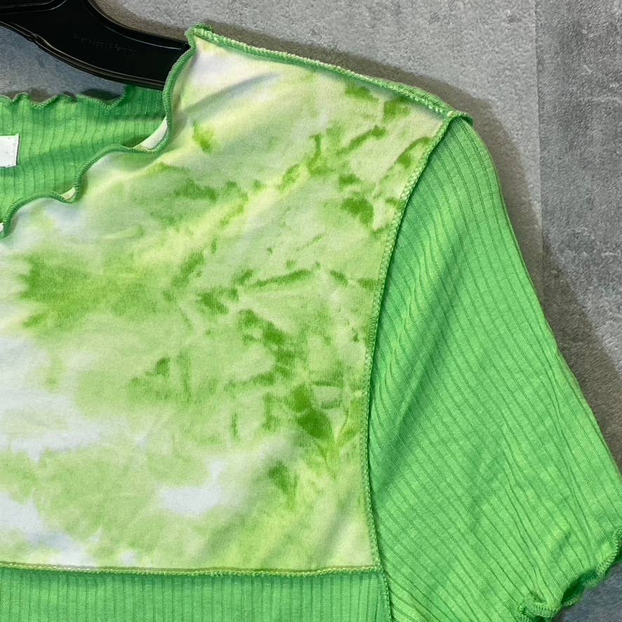 ABOUND Women's Green Summer Tie-Dye Colorblock Lettuce Edge Rib Short Sleeve Top SZ M