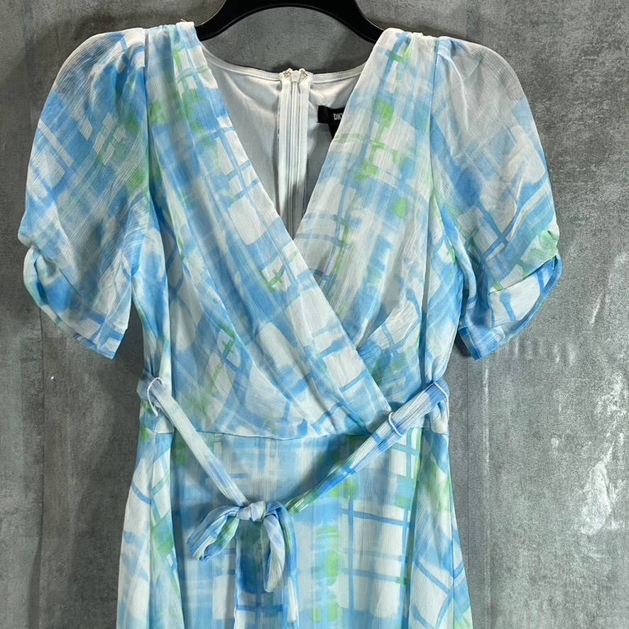 DKNY Women's Light Blue Plaid Faux-Wrap Puff Mesh-Sleeve Midi Dress SZ 8