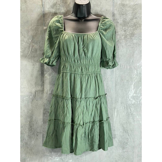 TRIXXI Juniors' Green Square Neck Ruched-Waist Tiered Fit & Flare Mini Dress SZS