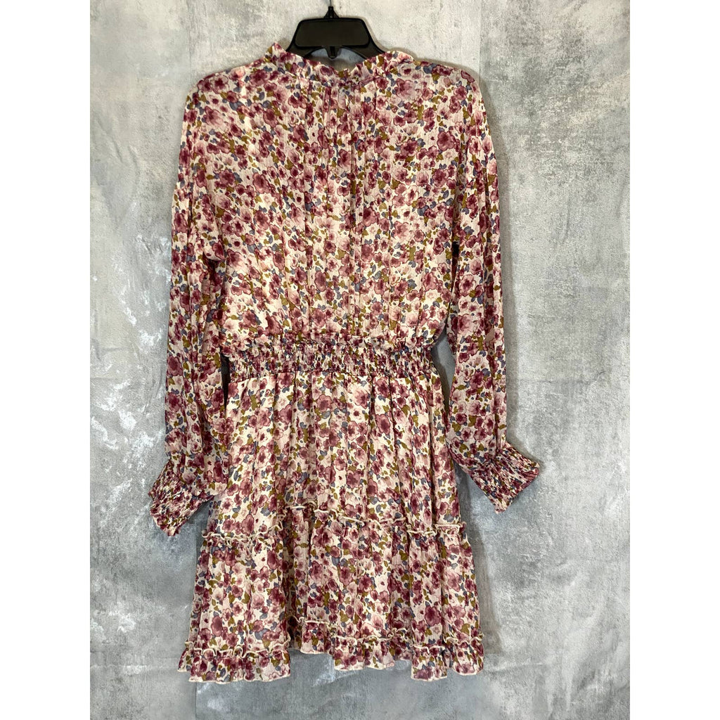 VICI COLLECTION Women's Natural Multi Floral Long Sleeve Smocked Mini Dress SZ M