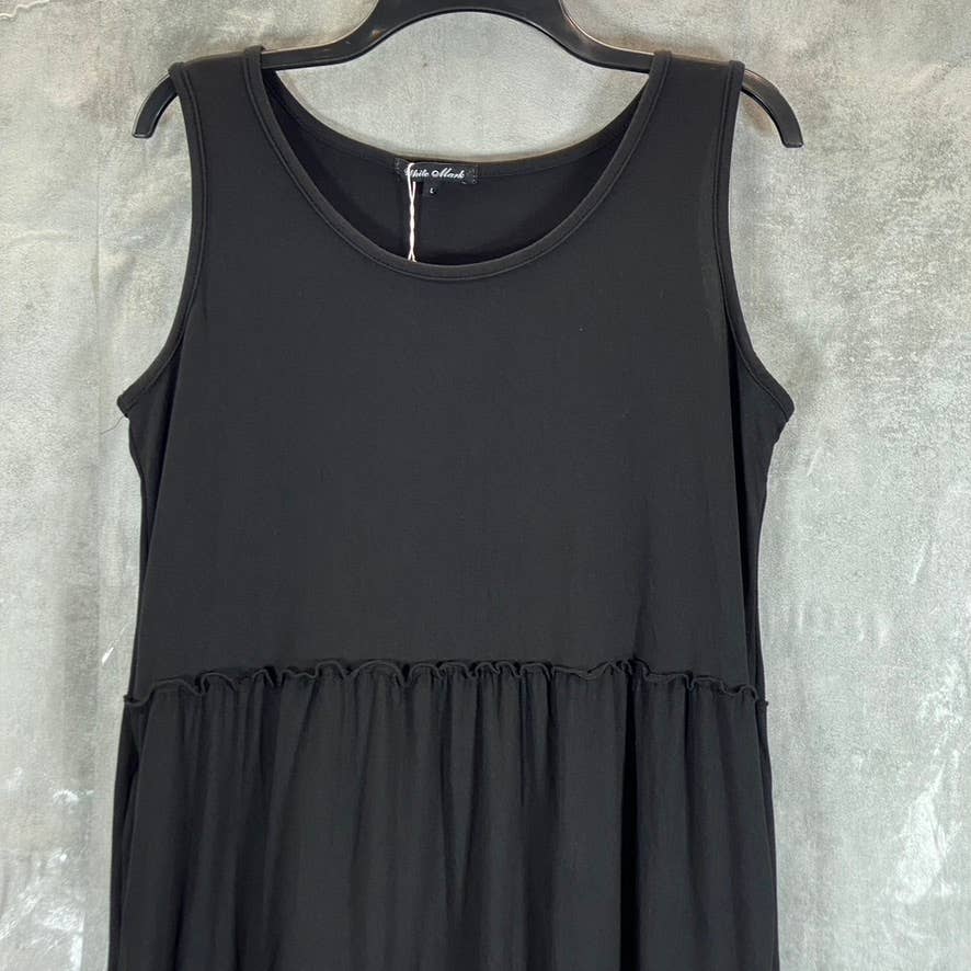 WHITE MARK Women's Black Scoop-Neck Sleeveless Tiered Midi Pocket Dress SZ L