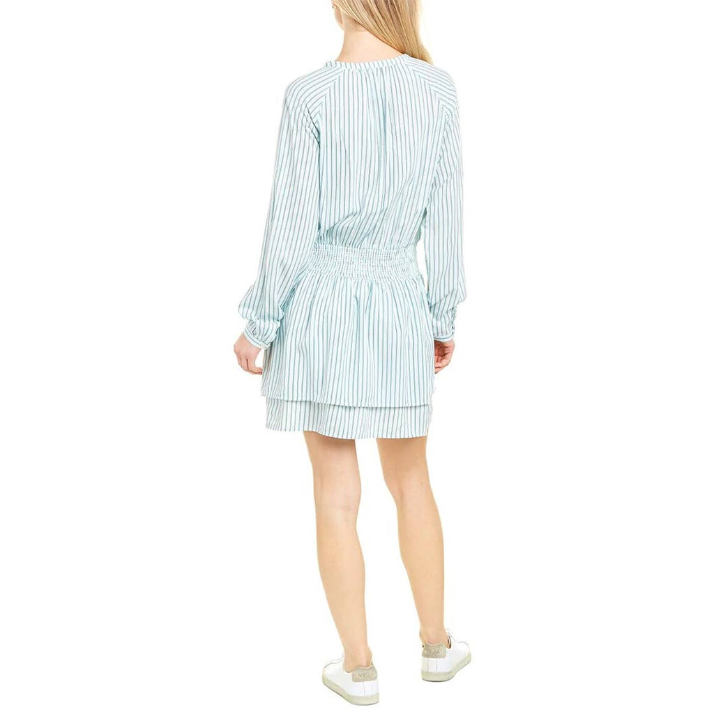 TART Collections Women's Green Stripe Sheila Smocked Waist Long Sleeve V-Neck Mini Dress SZ M