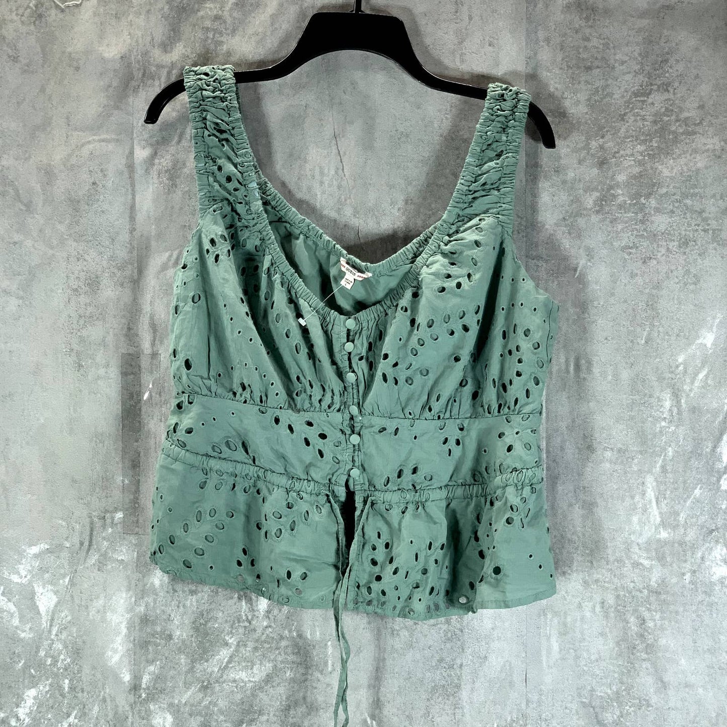 GUESS Women's Fade to Jade Multi Larisen Cotton Eyelet Peplum Top SZ L