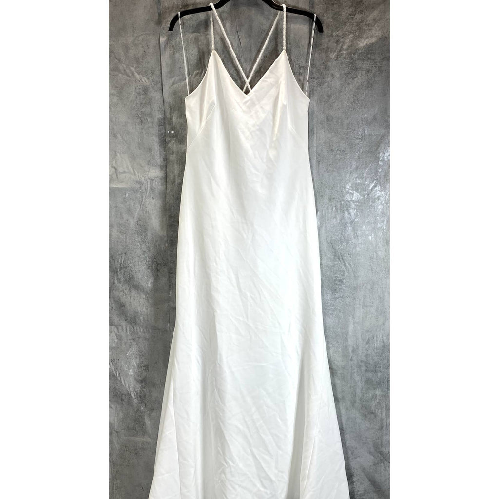 DKNY Women's Ivory V-Neck Beaded Spaghetti Straps Mermaid Maxi Gown SZ 8