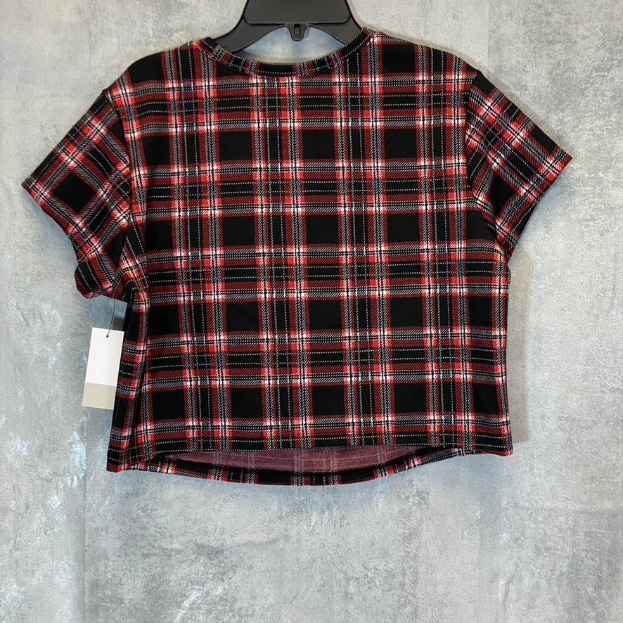 BP. Women's Black-Red Aurora Plaid Crewneck Cutout Short Sleeve Top SZ XL