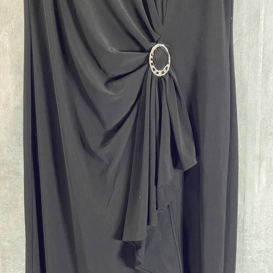 B&A BY BETSY & ADAM Women's Black V-Neck Side-Ruched Broach Gown SZ 10