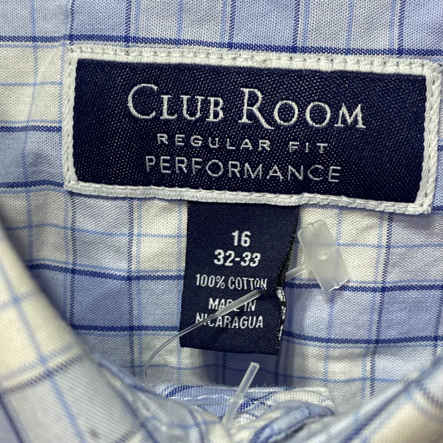 CLUB ROOM Light Blue Regular-Fit Stretch Gingham Check Dress Shirt SZ 16 32/33