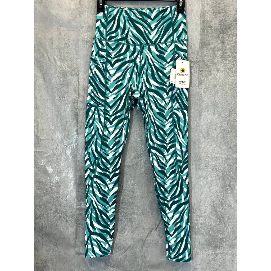 BODY GLOVE Women's Brushed Zebra Teal Printed High-Rise 7/8 Length Athletic Leggings SZ S